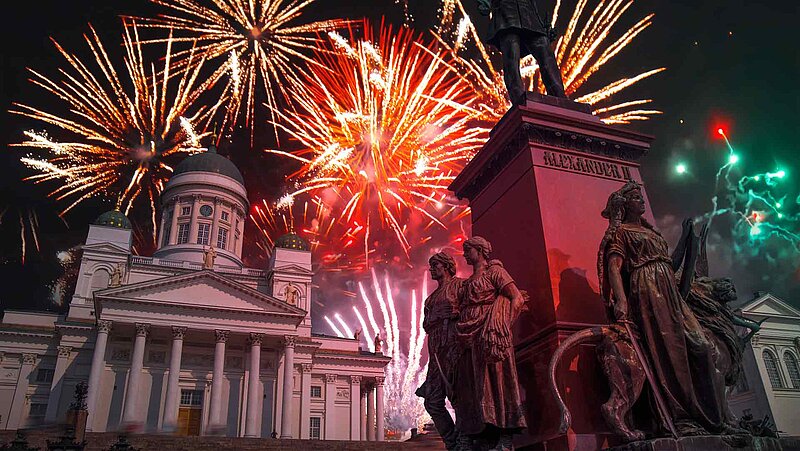 Feuerwerk am Dome von Helsinki, Silvester in Finnland